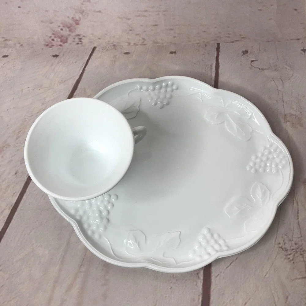 Indiana Colony Teacup Plate Luncheon Tray Milk Glass Harvest Grape Snack Set MCM